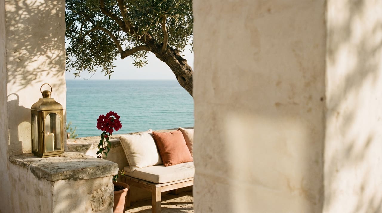 A sun-warmed Mediterranean terrace at golden hour, a brass lantern, a linen bench and a claret bougainvillea above a calm turquoise sea.